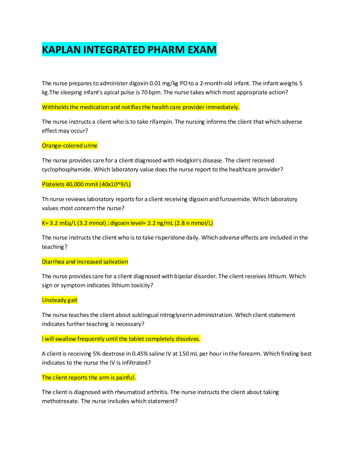 Preview image of NUR 2204 - KAPLAN INTEGRATED PHARM EXAM document